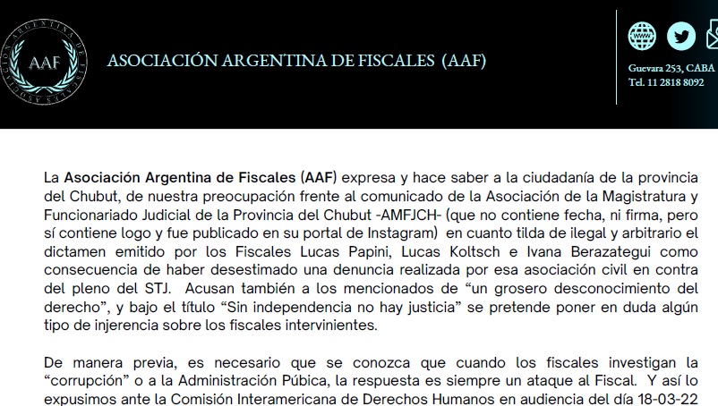 La Asociación Argentina de Fiscales, durísima contra la Asociación de Magistrados de Chubut