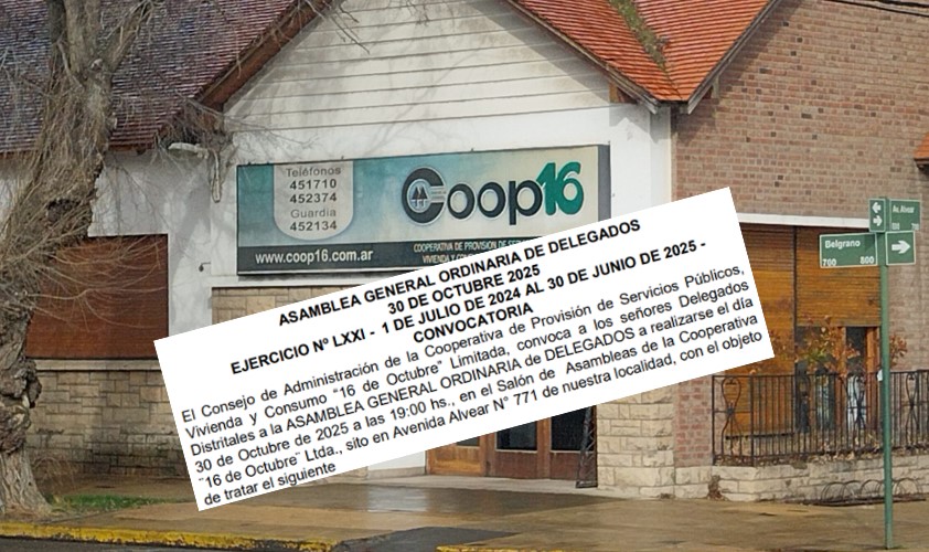 La Coop. 16 de Octubre llama a Asamblea General de Delegados para el 30 de octubre